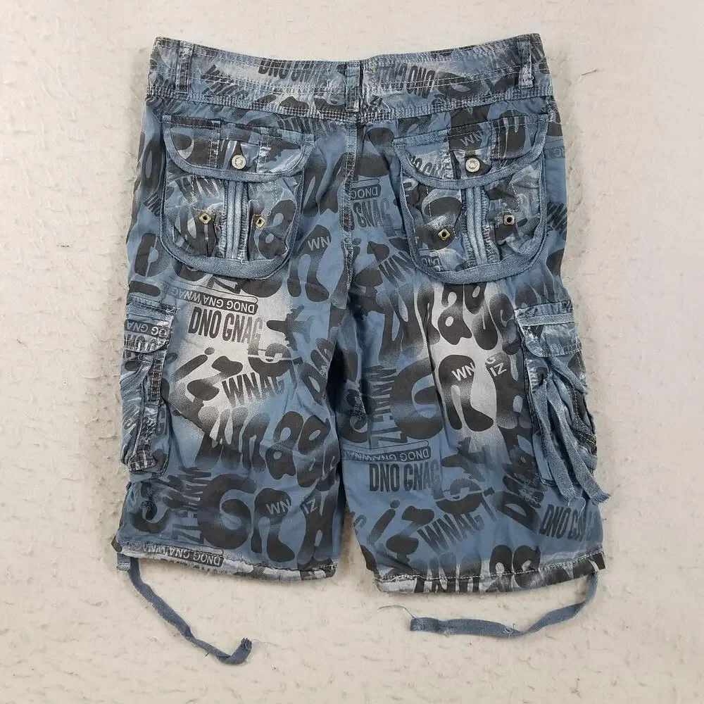 Cargo Shorts Mens 32 Blue All Over Print Multi Pocket‎ Drawstring Y2K Streetwear